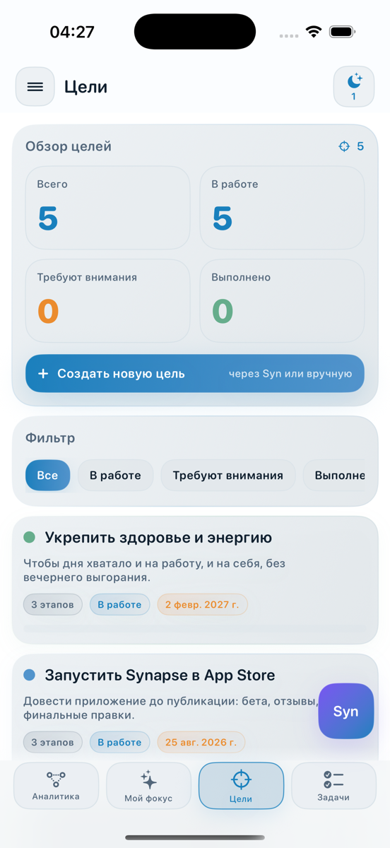 Экран целей: обзор, фильтры и цели с этапами