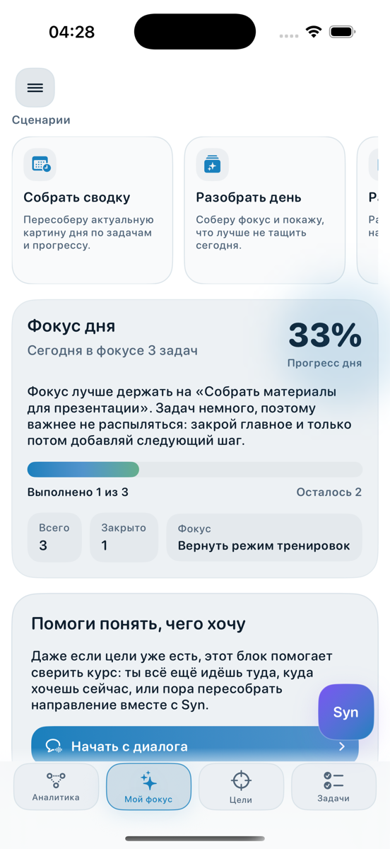 Экран «Аналитика»: брифинг Syn и прогресс дня